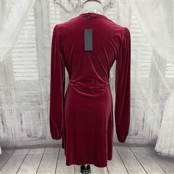 NEW Gianni Bini Burgundy Solid Red Velvet Wrap Dress Mini Long Sleeve V Neck Tie - Picture 8 of 13